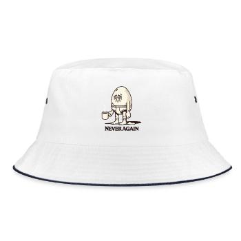 Tired Morning Egg with Coffee – "Never Again" - Bucket Hat - white/navy - Front