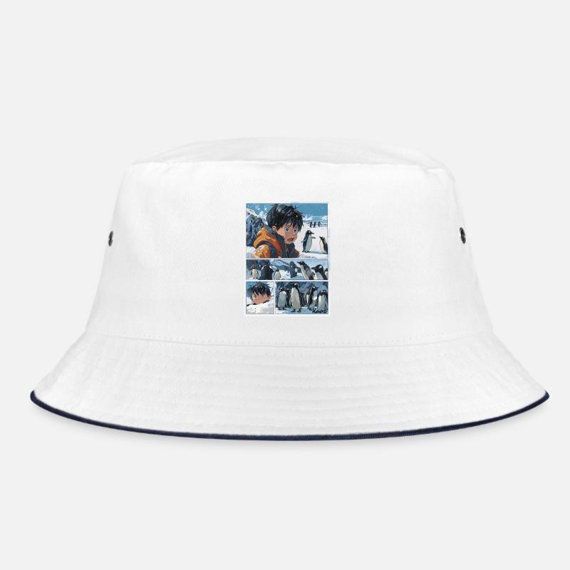 Verirrter Junge und Pinguine im Comic Stil Bucket Hat