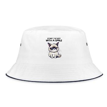 Start the Day with a Smile - Lustige Grumpy Katze - Bucket Hat - Weiß/Navy - Vorne