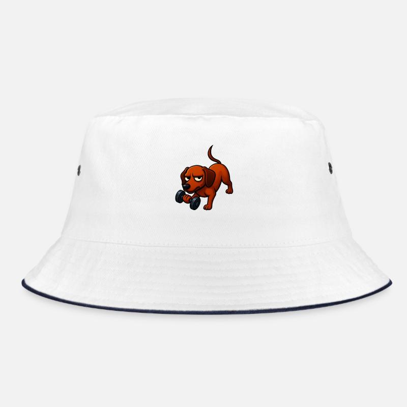Energetic Dachshund with Dumbbell Comic Motivation Bucket Hat
