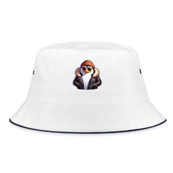 Cooler Pinguin mit Sonnenbrille und Lederjacke im - Bucket Hat - Weiß/Navy - Vorne