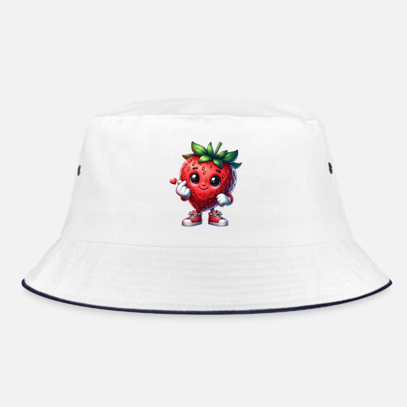 Erdbeere Herzhand - Bucket Hat - Weiß/Navy