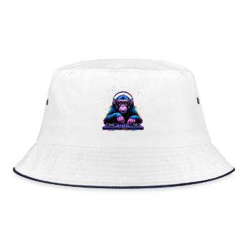 Bunter DJ-Affe mit Kopfhörern und Brille - Bucket Hat - Weiß/Navy - Vorne