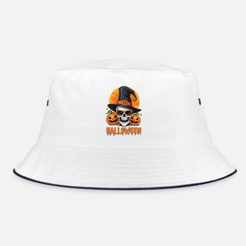 Skeleton with witch hat and pumpkins Bucket Hat