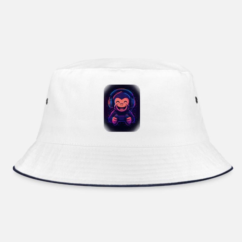 Cooler Affe mit Kopfhörern, Brille und Gamepad - Bucket Hat - Weiß/Navy