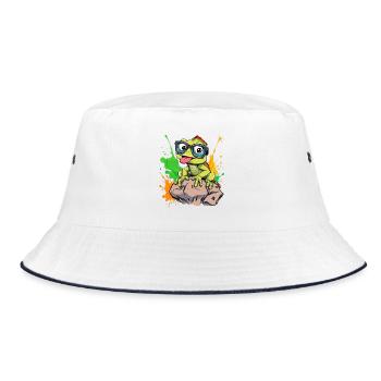 Lustiger Gecko mit Brille und Farbenexplosion - Bucket Hat - Weiß/Navy - Vorne