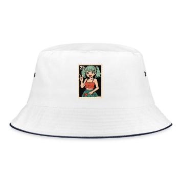 Anime Girl Postmark Illustration - Bucket Hat - white/navy - Front