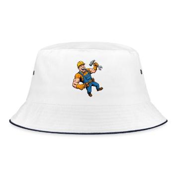 Fröhlicher Comic-Bauarbeiter mit Werkzeug - Bucket Hat - Weiß/Navy - Vorne