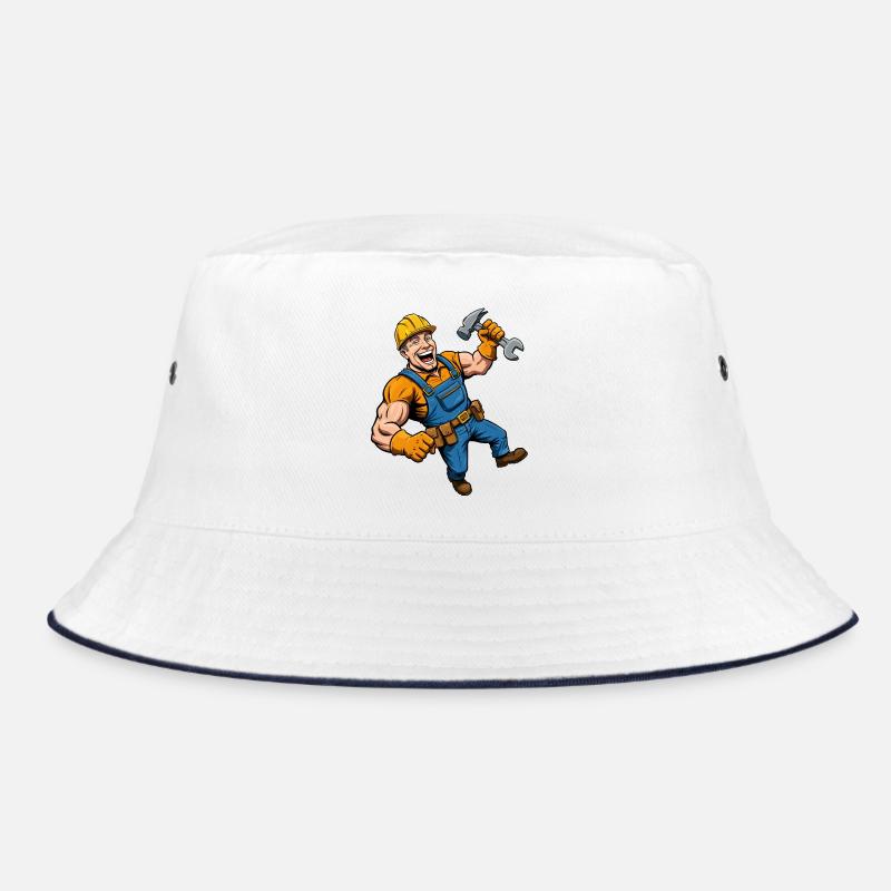 Fröhlicher Comic-Bauarbeiter mit Werkzeug Bucket Hat
