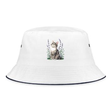 Elegante Katze mit Lavendel und Klee - Bucket Hat - Weiß/Navy - Vorne