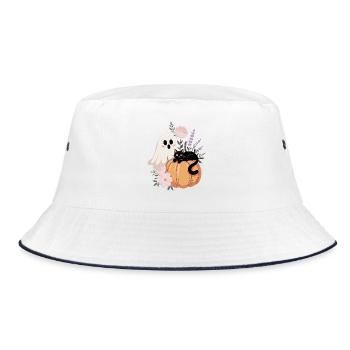 Geist Kürbis Katze Vintage Blumen Halloween Herbst - Bucket Hat - Weiß/Navy - Vorne