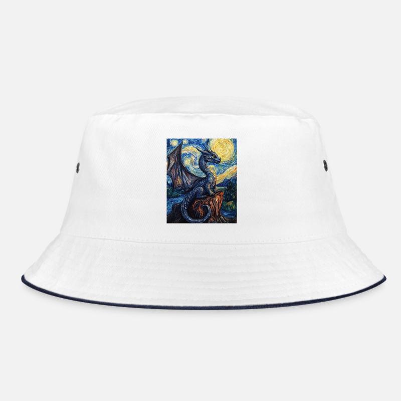 Drache Drachen Dragon Van Gogh Style Starry Night - Bucket Hat - Weiß/Navy