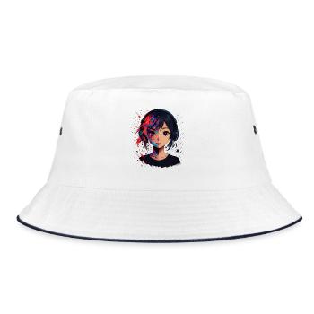 Color Sliver Anime Portrait with Headphones - Bucket Hat - white/navy - Front