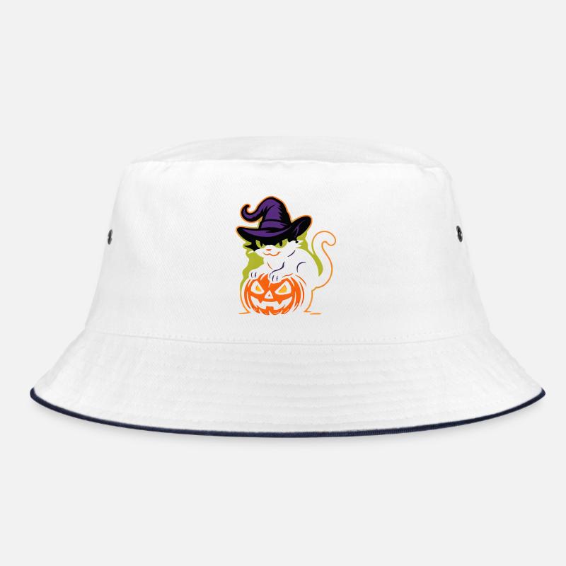Wizard Cat and Luminous Pumpkin - Bucket Hat - white/navy