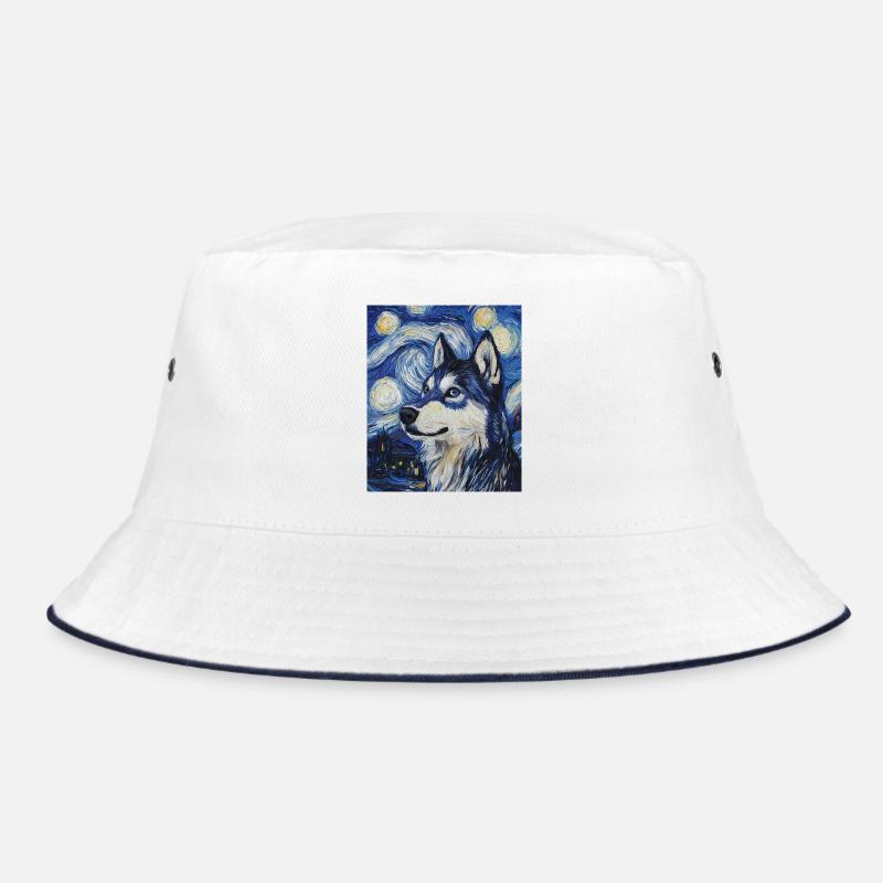 Husky Hund Hunde Van Gogh Style Starry Night - Bucket Hat - Weiß/Navy