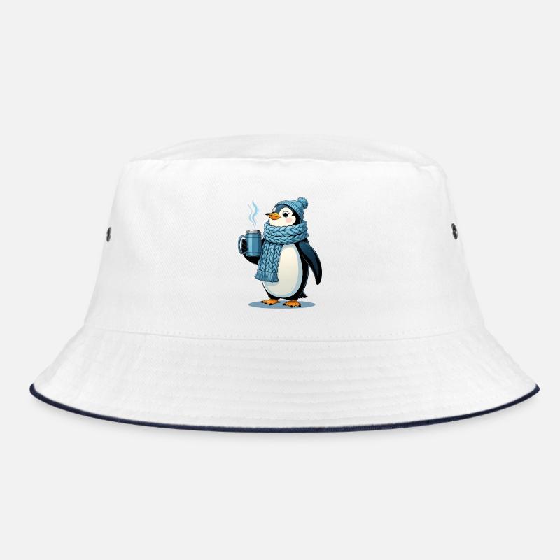 Kuschelpinguin mit blauem Schal - Bucket Hat - Weiß/Navy