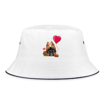 Winkender Deutscher Schäferhundwelpe mit Luftballon - Bucket Hat - Weiß/Navy - Vorne