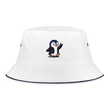 Rocker-Pinguin in Lederjacke mit Teufelshorn - Bucket Hat - Weiß/Navy - Vorne