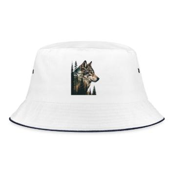 Waldwolf Portrait mit Bergen - Bucket Hat - Weiß/Navy - Vorne