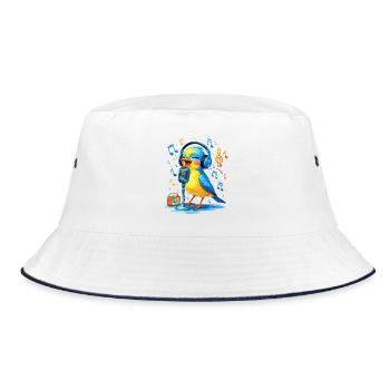 Karaoke Vogel mit Kopfhörern - Bucket Hat - Weiß/Navy - Vorne