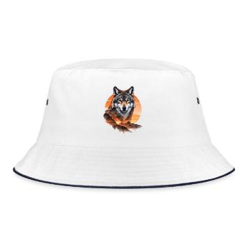 Wolf im Abendrot über Bergen - Bucket Hat - Weiß/Navy - Vorne