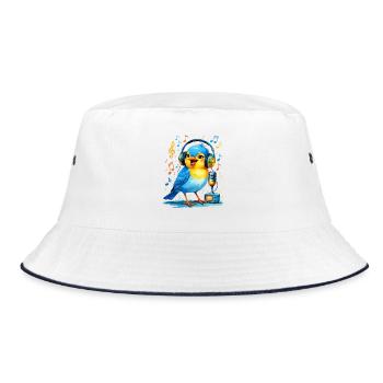 Karaoke Vogel mit Kopfhörern - Bucket Hat - Weiß/Navy - Vorne