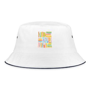 Mehr Bücher Lesen – Bunte Buchwand - Bucket Hat - Weiß/Navy - Vorne