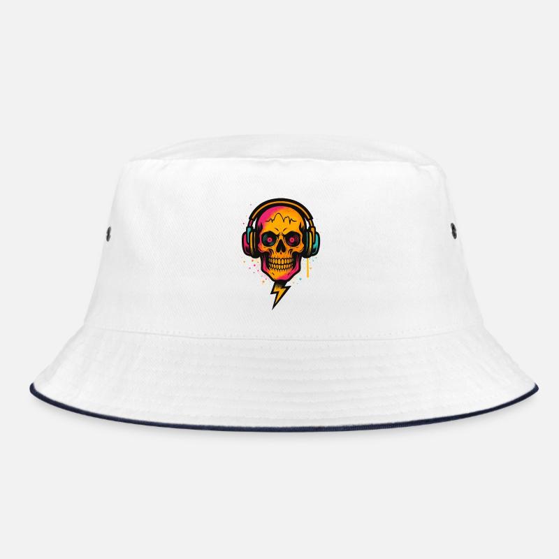 Neon Skull DJ, Techno Rave, Headphone Art Bucket Hat