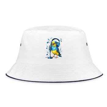 Papagei mit Kopfhörer-Mikro - Bucket Hat - Weiß/Navy - Vorne