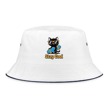 Stay Cool Cat Skateboard - Bucket Hat - Weiß/Navy - Vorne
