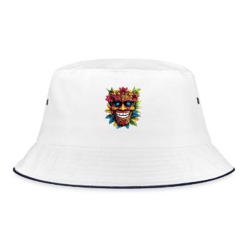 Tiki-Maske mit Blumenkranz - Bucket Hat - Weiß/Navy - Vorne