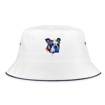 Farbenfrohes Pop-Art-Porträt des englischen Bulldoggenhunds - Bucket Hat - Weiß/Navy - Vorne