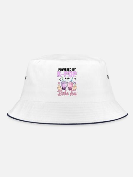 Powered By K Pop And Boba Tea - Bucket Hat - white/navy - Front
