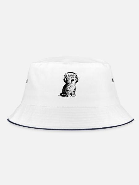 Müdes Musik Kätzchen - Bucket Hat - Weiß/Navy