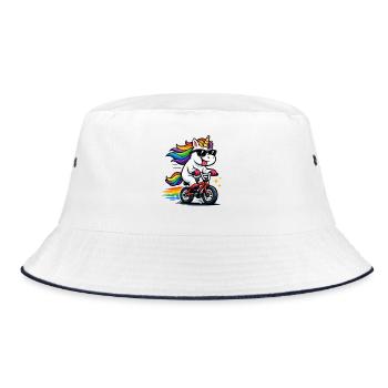 Cooles Einhorn auf Fahrrad – Lustiges Regenbogen  - Bucket Hat - Weiß/Navy - Vorne