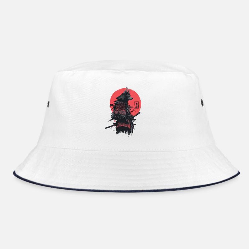 Samurai Wolf in Red Sun Armor - Bucket Hat - white/navy