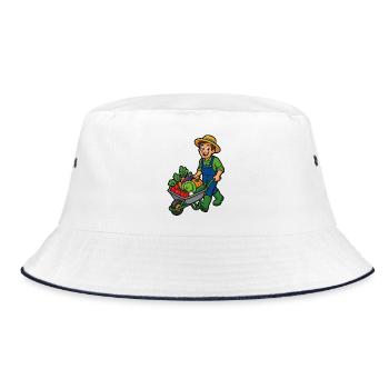 Cheerful gardener and wheelbarrow of vegetables - Bucket Hat - white/navy - Front