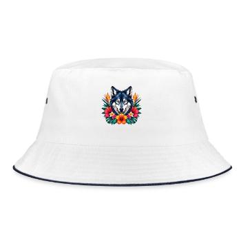 Wolf's Head with Tropical Flowers - Bucket Hat - white/navy - Front
