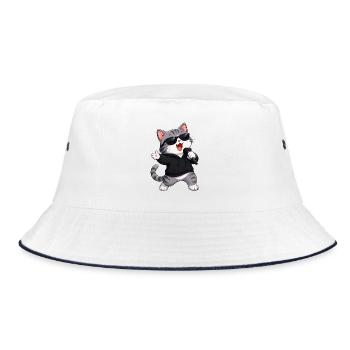Cute Cat Cartoon Karaoke Singer Musician Comic - Bucket Hat - white/navy - Front