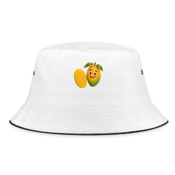 Fröhlicher Mango Mascot Obst Frucht  - Bucket Hat - Weiß/Navy - Vorne