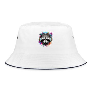 Waschbär mit Musik Kopfhörern und Farben Klecks - Bucket Hat - Weiß/Navy - Vorne