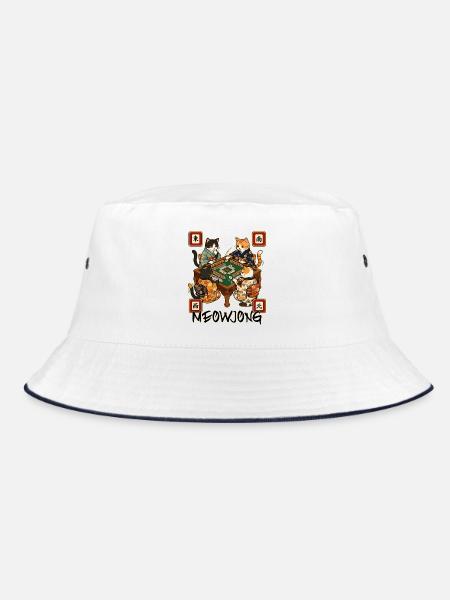 Meowjong Cute Cat Mahjong Game Social Club - Bucket Hat - white/navy - Front