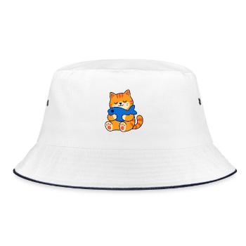 Orangefarbene getigerte Katze umarmt ein Fischkissen - Bucket Hat - Weiß/Navy - Vorne