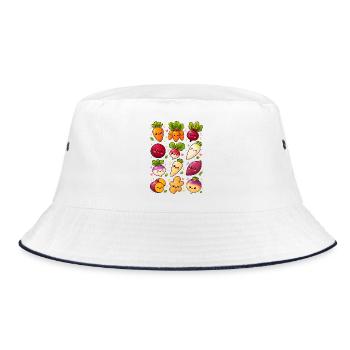 Kawaii Wurzelgemüse | Karotte & Rübe - Bucket Hat - Weiß/Navy - Vorne