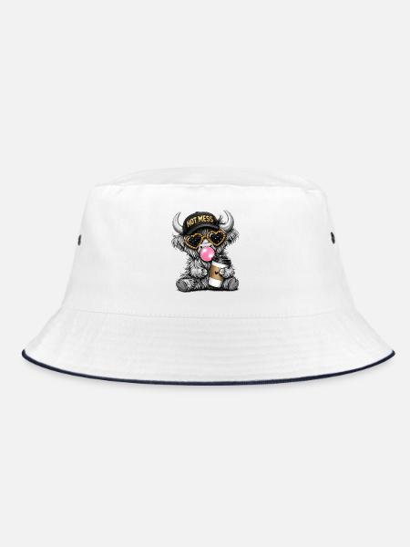 lustiges Hochlandrind mit Kaffee und Basecap - Bucket Hat - Weiß/Navy