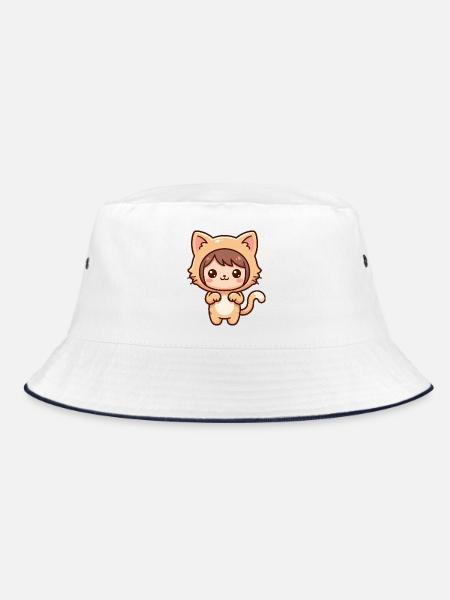 Süße Cartoonfigur, die als Katze verkleidet ist - Bucket Hat - Weiß/Navy