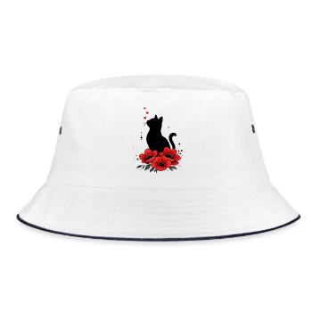 Schwarze Katze & Rote Mohnblume - Bucket Hat - Weiß/Navy - Vorne