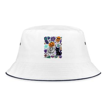 Y2K Gruseliges Halloween-Kürbisskelett - Bucket Hat - Weiß/Navy - Vorne