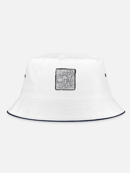 Farmer_Resting_with_Cows_Linocut_Art - Bucket Hat - Weiß/Navy