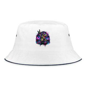 Techno Dinosaurier DJ mit Kopfhörern - Bucket Hat - Weiß/Navy - Vorne